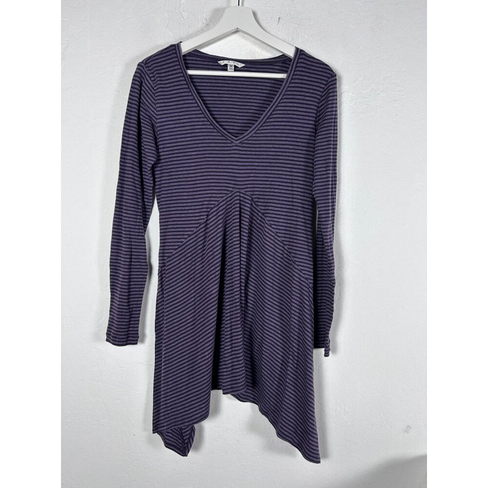 Cabi Womens Striped Handkerchief-Hem V-Neck Tunic Top Medium Purple Long Sleeve